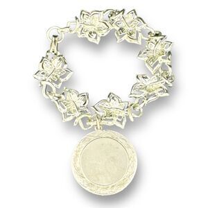 CORO Silver Plated Bracelet with Dangle Engravable Medallion Flower Chain Link